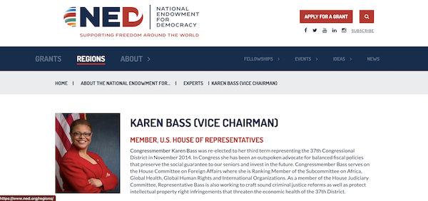  | Congresswoman Karen Bass is running for mayor of Los Angeles Shes also Vice Chair of the NED the CIAs soft power arm | MR Online